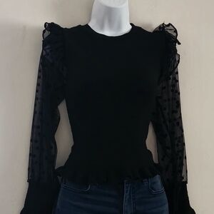 Maeve Sheer Polka Dot Ruffle Blouse from Anthropologie Color: Black Size S.